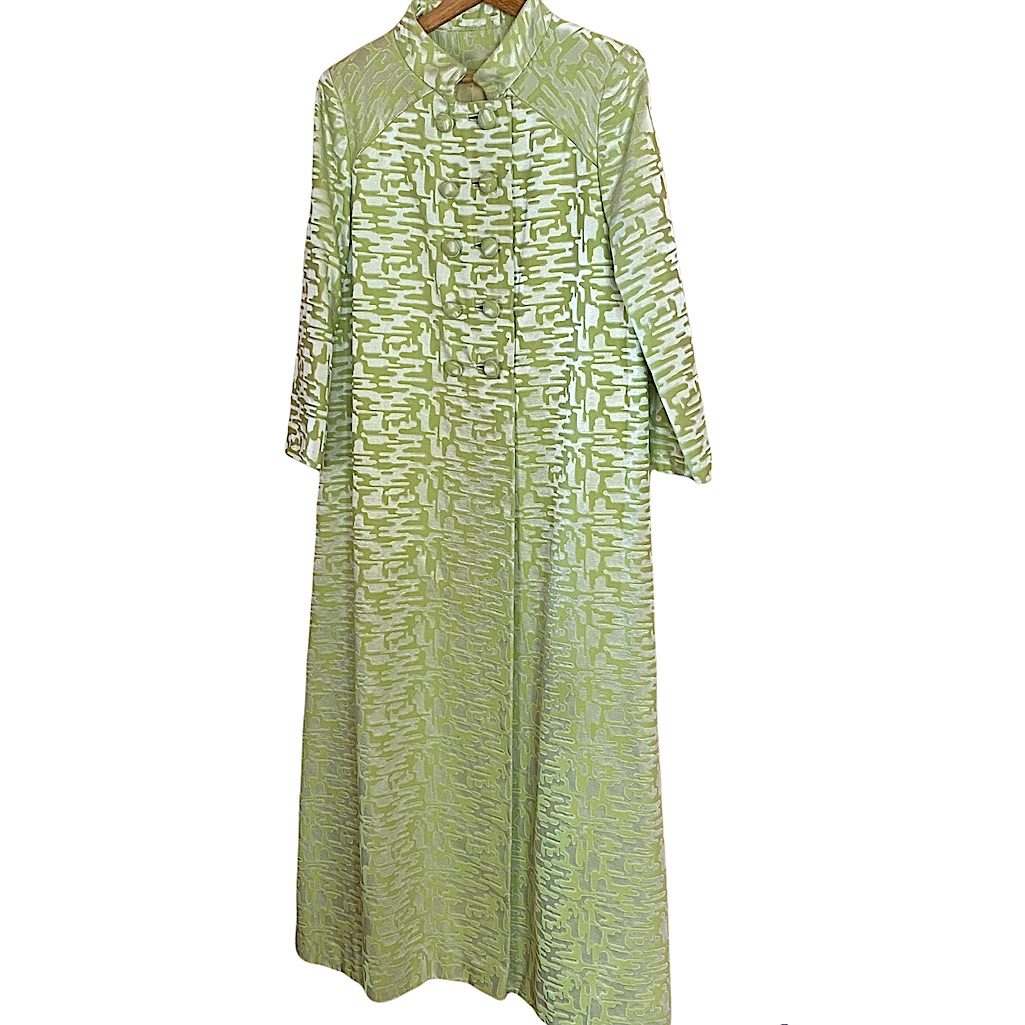 Vintage Mod Pistachio Green And Silver Brocade Fabric Long Coat